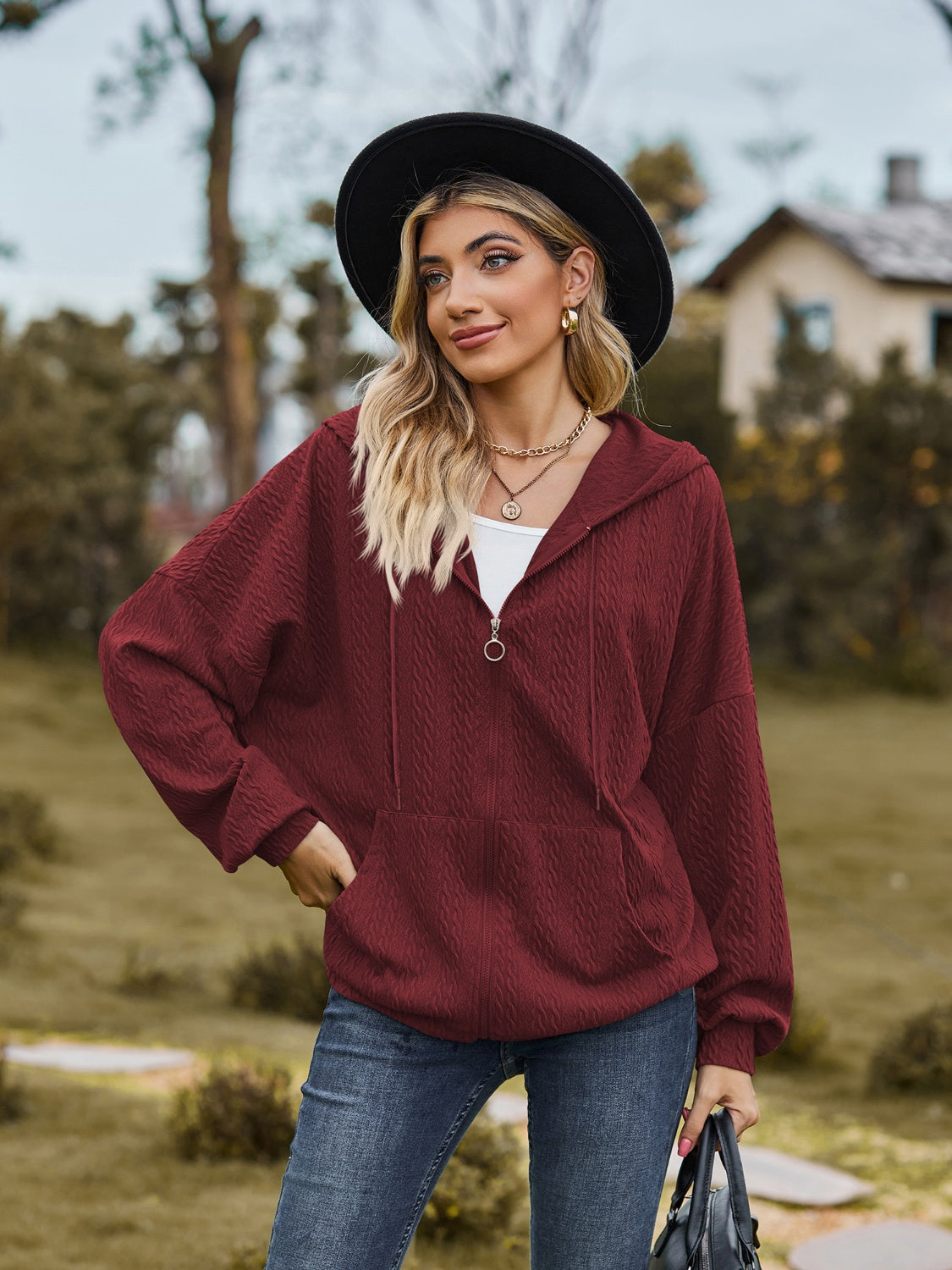 Zip Up Drawstring Long Sleeve Hooded Jacket-Angel Casuals