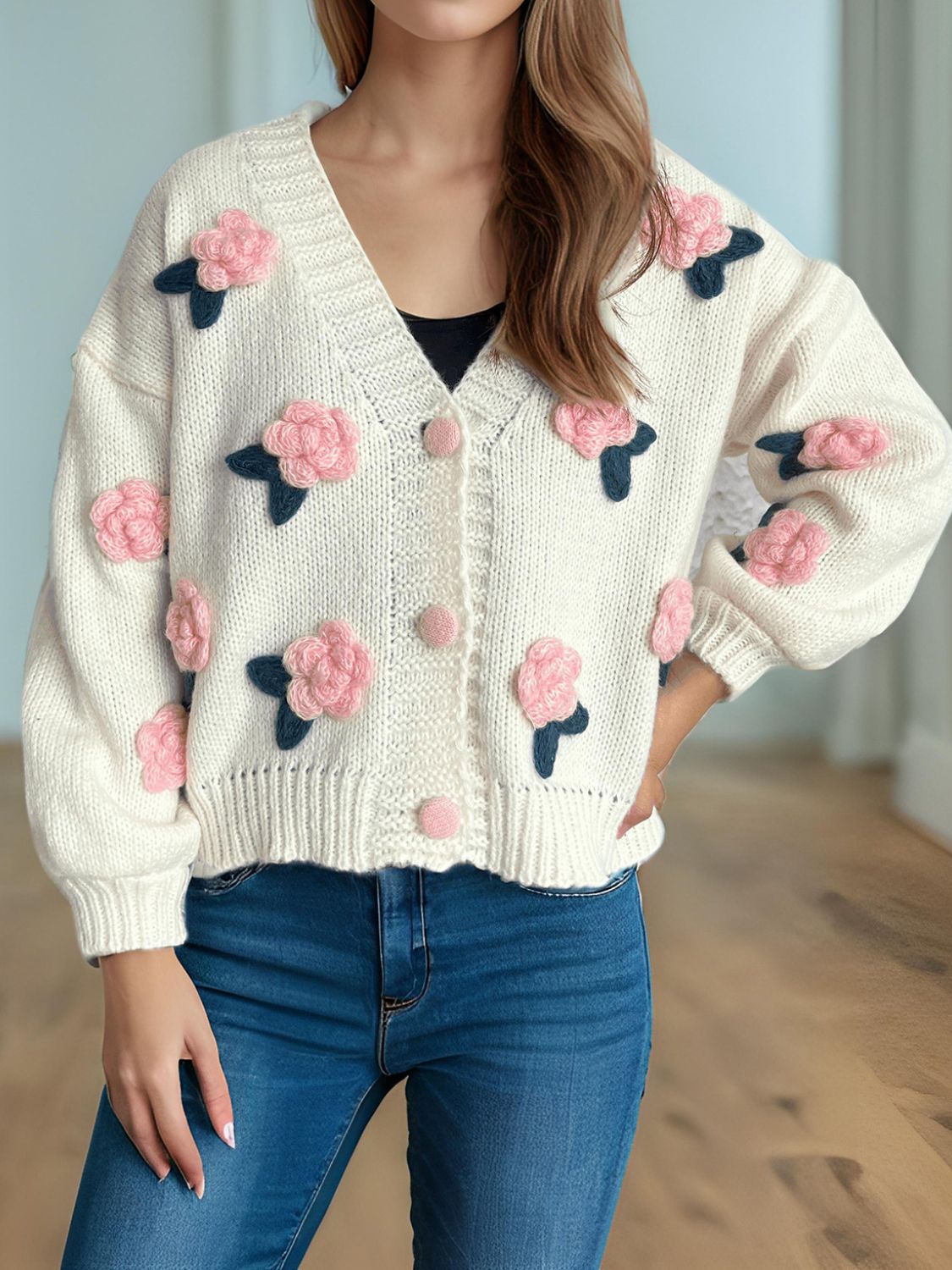 Flower Button Down V-Neck Long Sleeve Cardigan-Angel Casuals