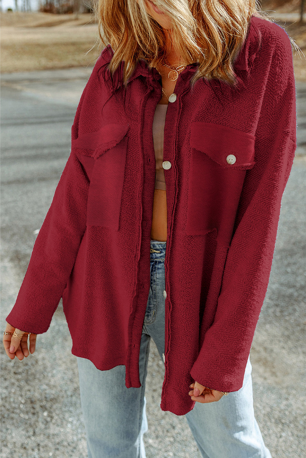 Pocketed Button Up Droppped Shoulder Jacket-Angel Casuals