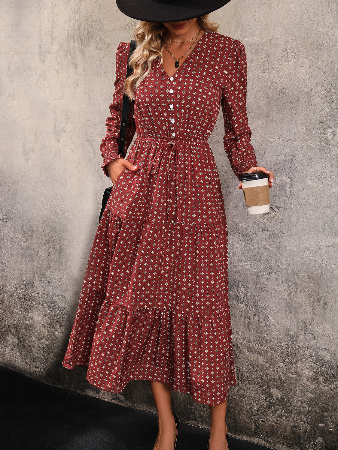 Printed Tiered V-Neck Buttoned Midi Dress-Angel Casuals