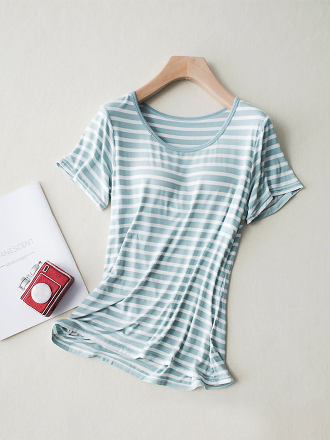 Striped Round Neck Short Sleeve T-Shirt with Bra-Angel Casuals