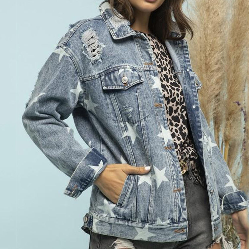 Star Distressed Denim Shacket-Angel Casuals