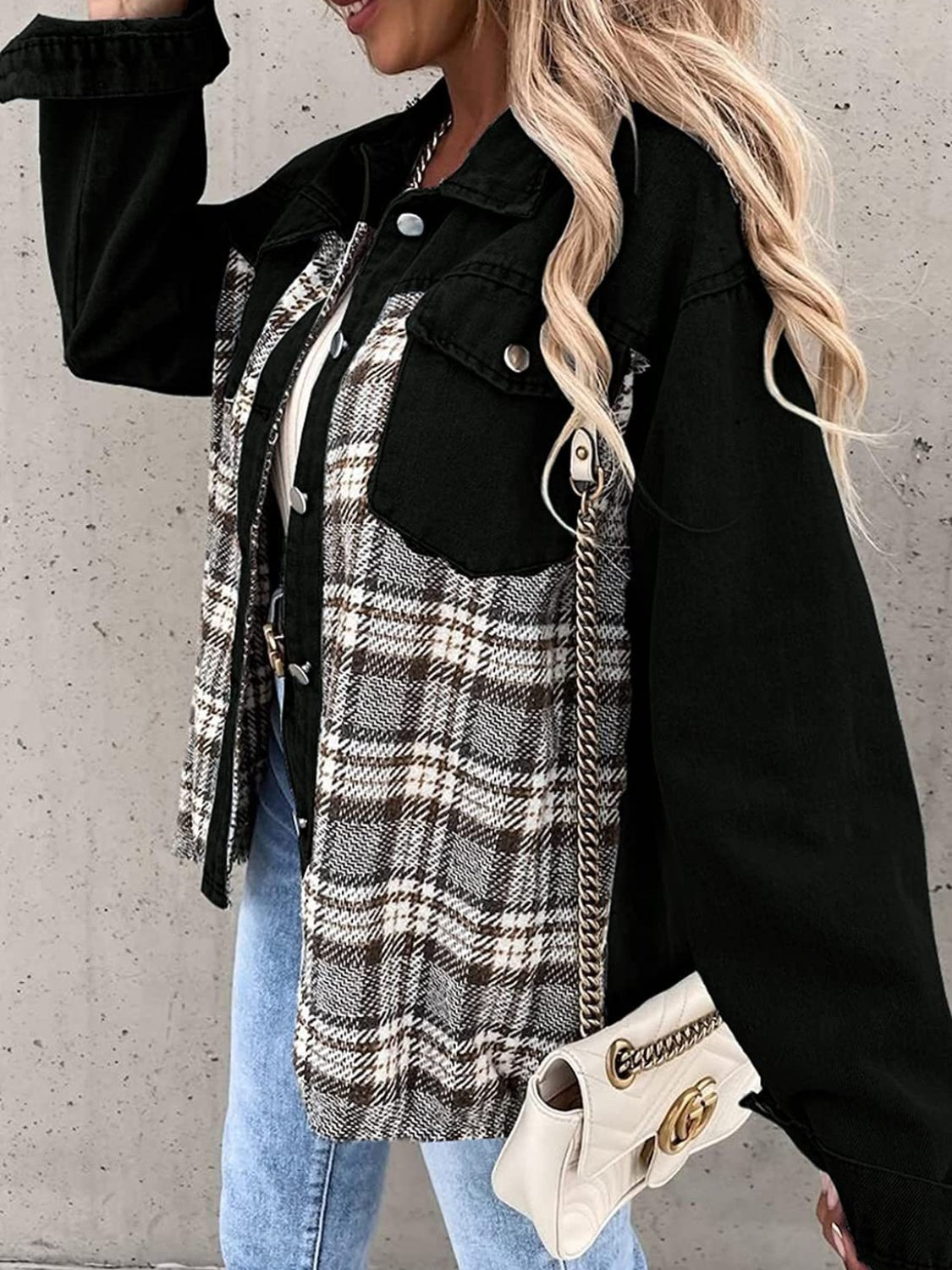 Plaid Button Up Dropped Shoulder Jacket-Angel Casuals