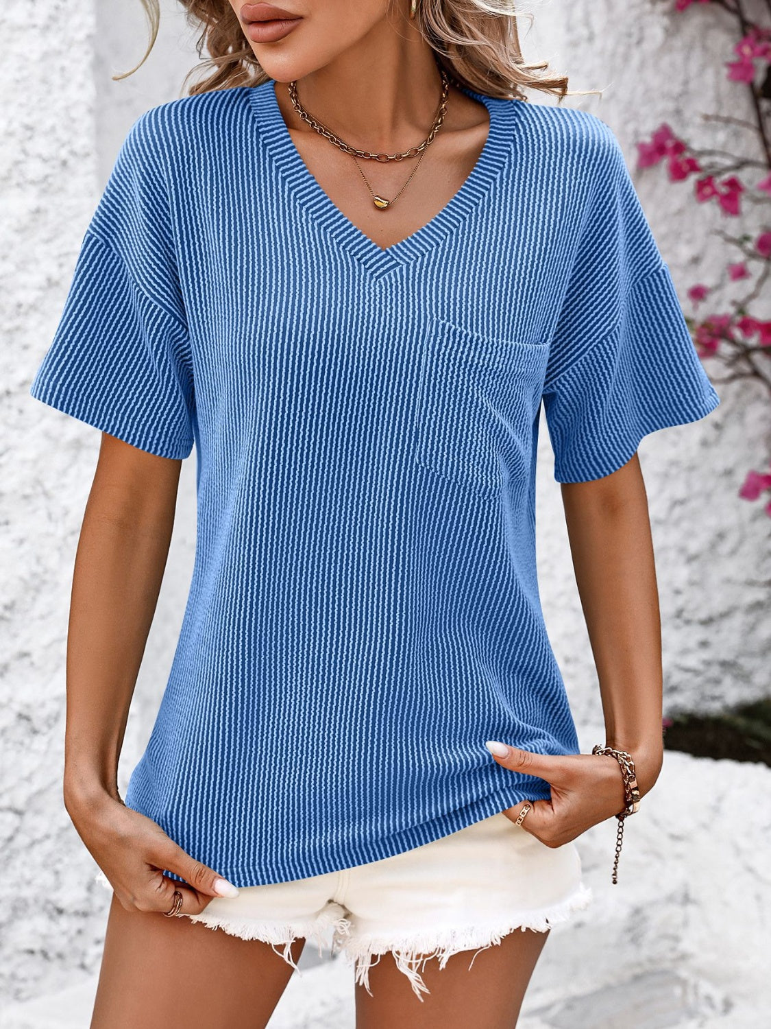 V-Neck Dropped Shoulder T-Shirt-Angel Casuals