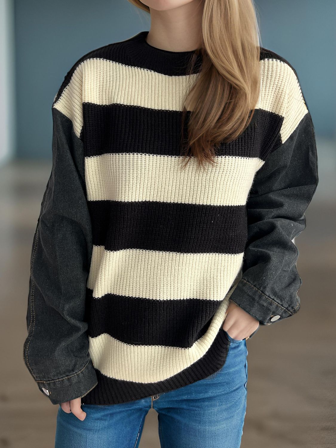 Contrast Round Neck Long Sleeve Sweater-Angel Casuals