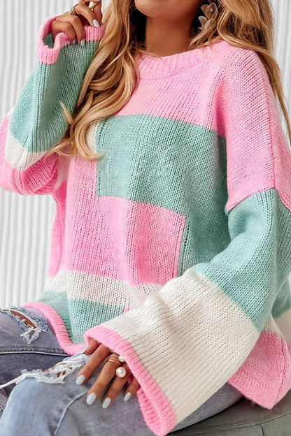 Color Block Round Neck Drop Shoulder Sweater-Angel Casuals