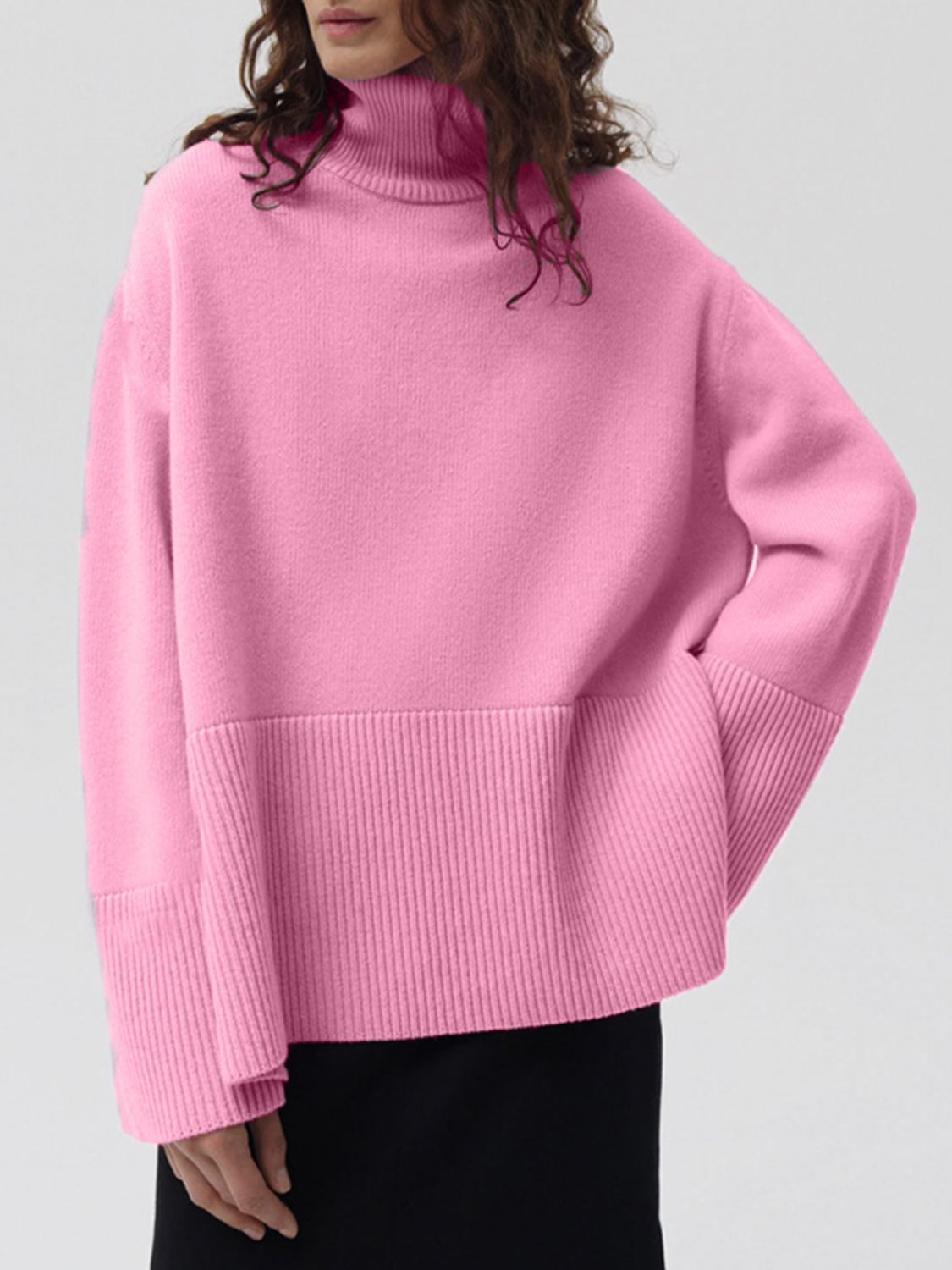 Side Slit Turtleneck Drop Shoulder Sweater-Angel Casuals