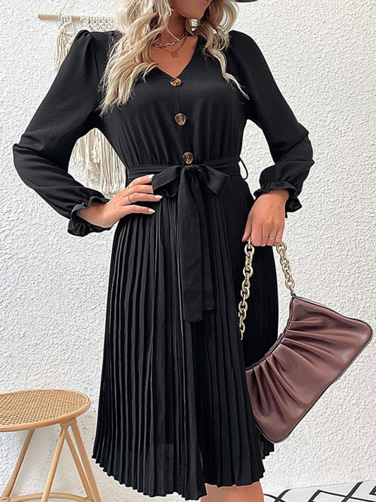 Decorative Button Belted Puff Sleeve Pleated Dress-Angel Casuals