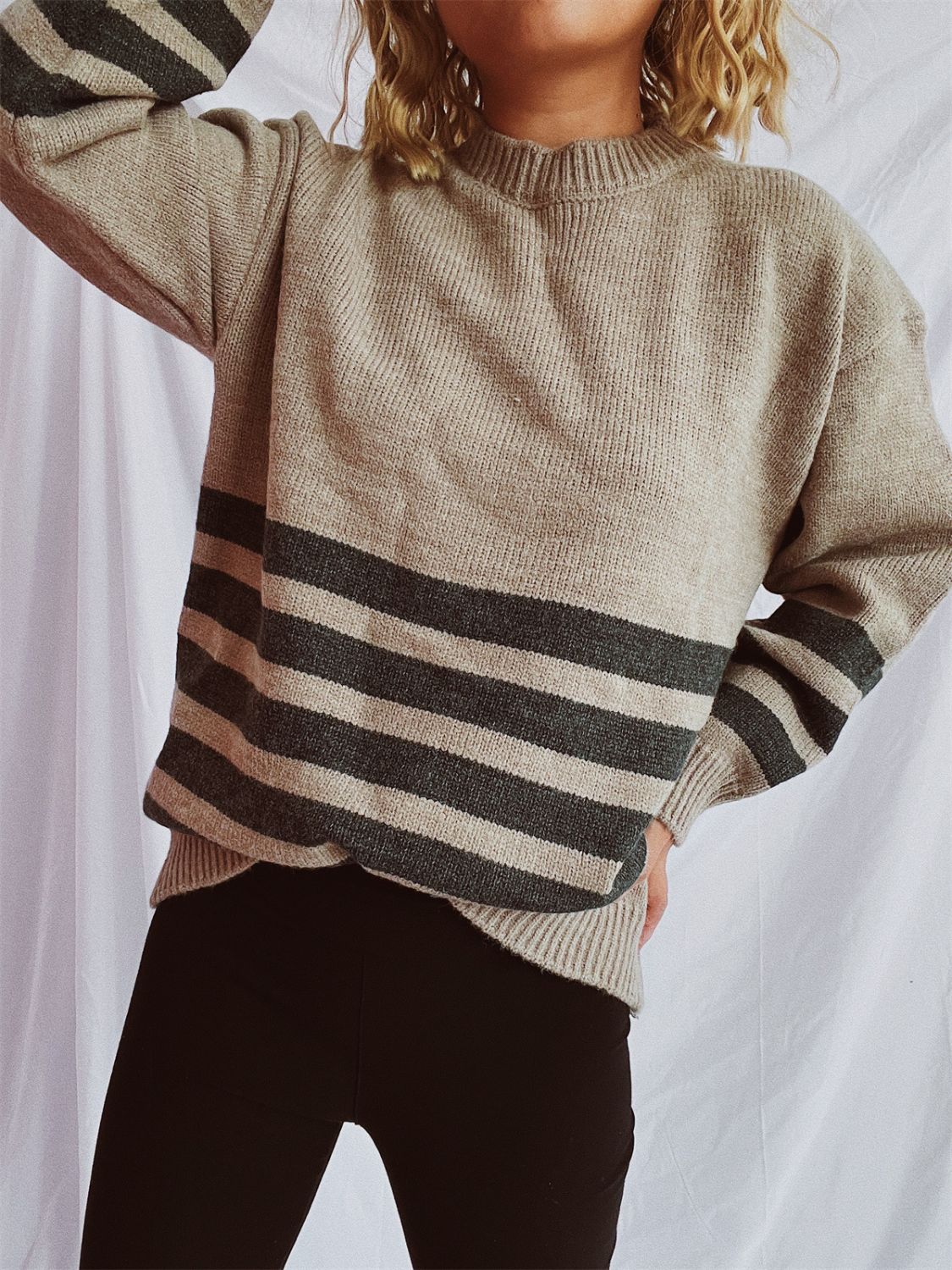 Striped Dropped Shoulder Long Sleeve Sweater-Angel Casuals