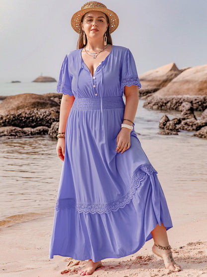 Plus Size Lace Detail Tie Neck Short Sleeve Maxi Dress-Angel Casuals