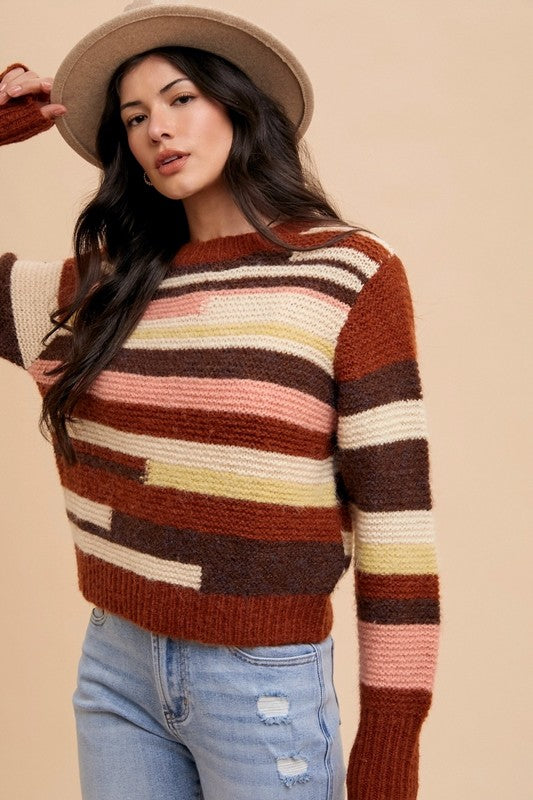 Annie Wear Color Block Round Neck Long Sleeve Sweater-Angel Casuals