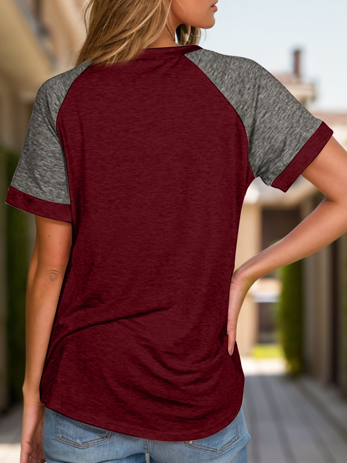 Full Size Contrast Round Neck Short Sleeve T-Shirt-Angel Casuals