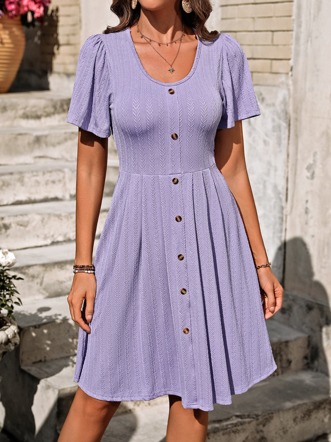 Decorative Button Scoop Neck Short Sleeve Dress-Angel Casuals