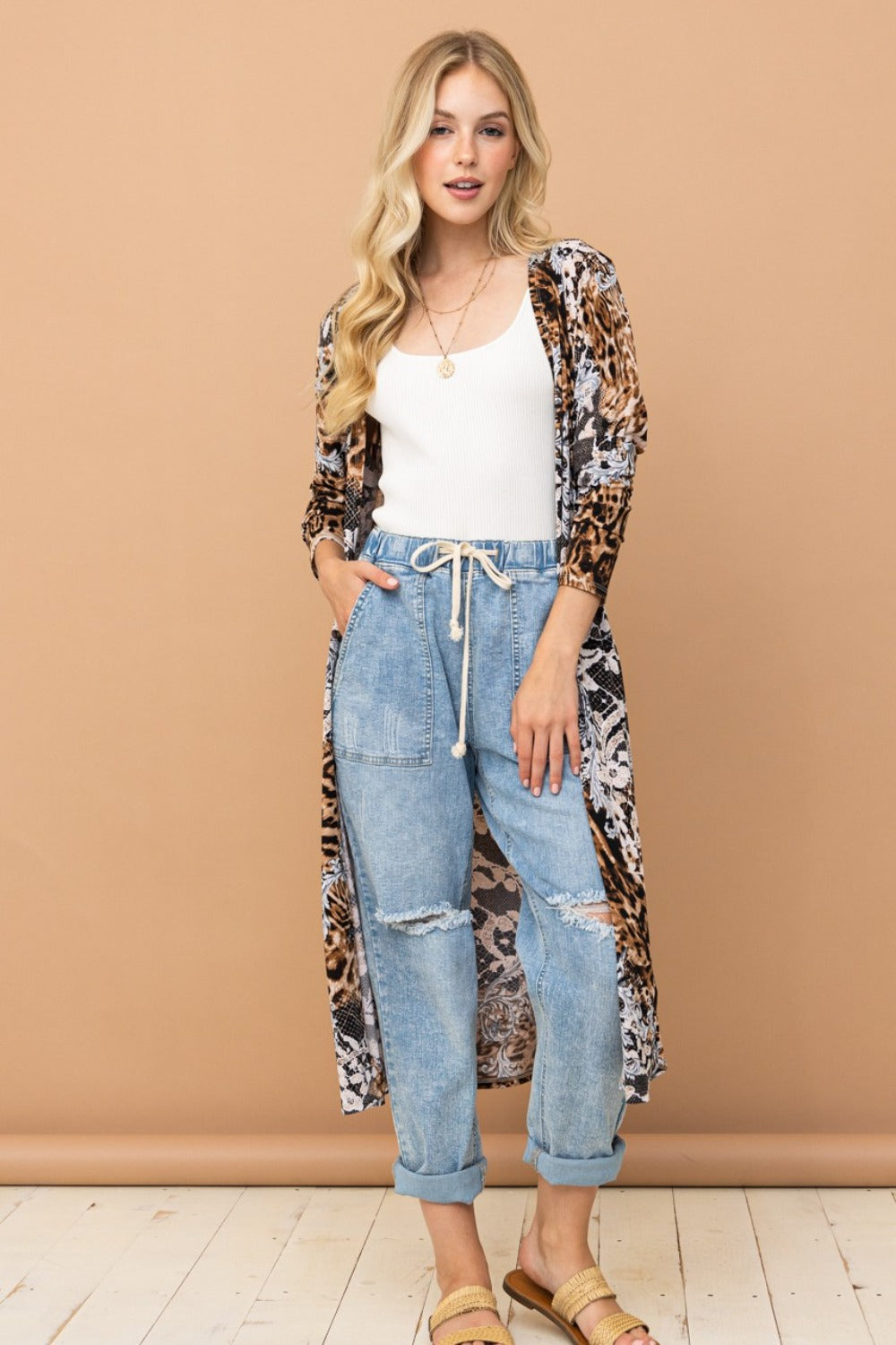 And The Why Leopard Kimono Open Front Longline Cardigan-Angel Casuals