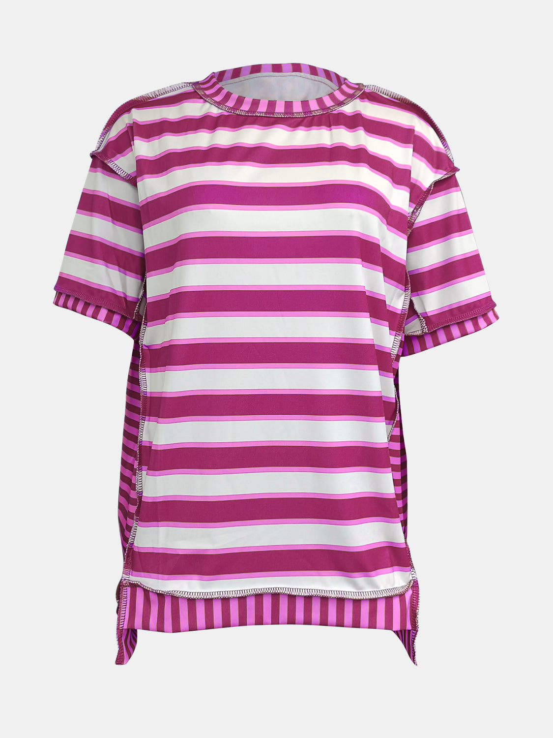 Full Size Contrast Stitching Striped Round Neck T-Shirt-Angel Casuals