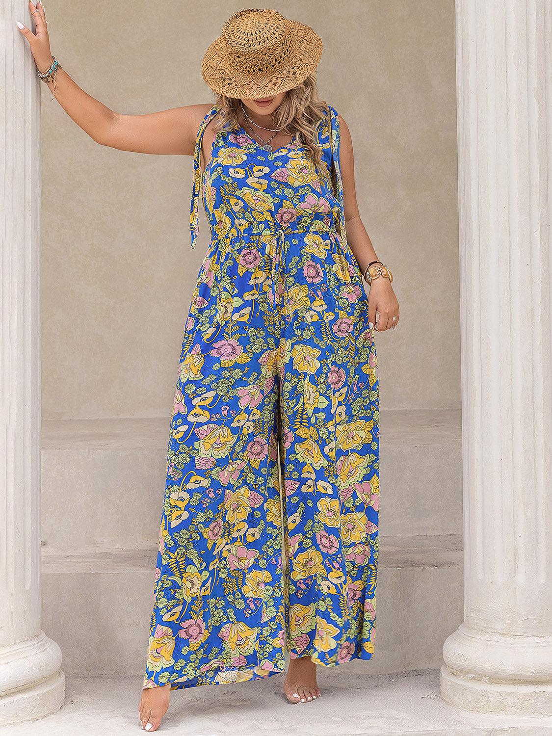 Plus Size Printed V-Neck Wide Leg Jumpsuit-Angel Casuals