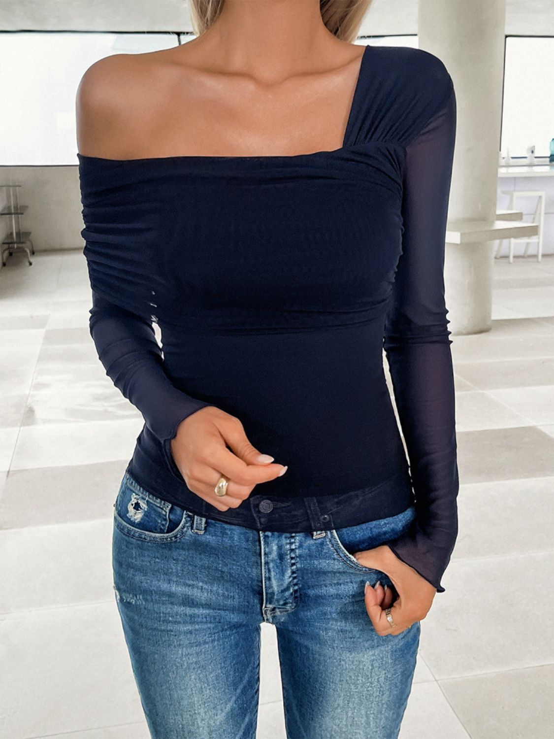 Devine Ruched Asymmetrical Long Sleeve T-Shirt-Angel Casuals