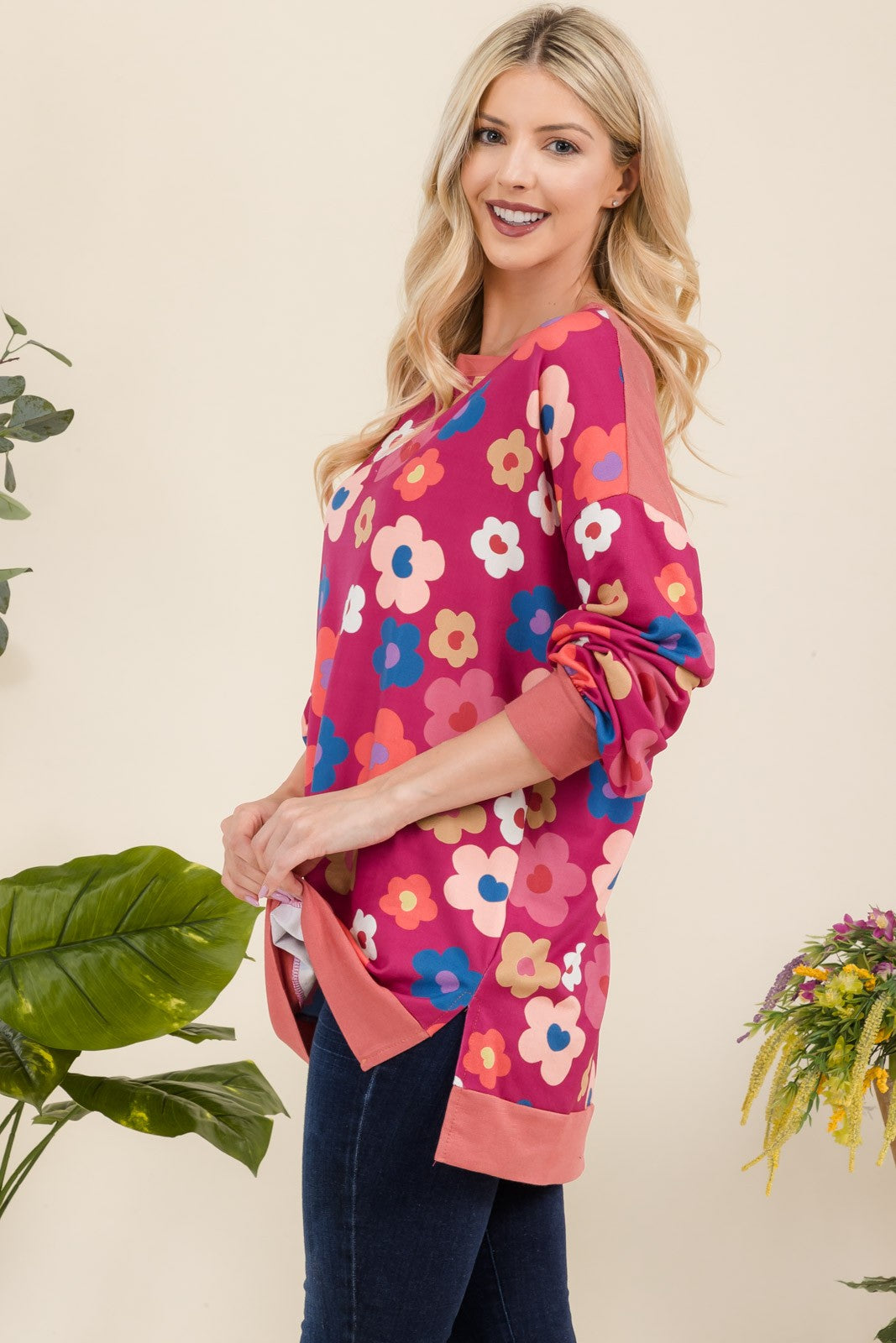 Celeste Full Size Side Slit Flower Print Long Sleeve Top-Angel Casuals