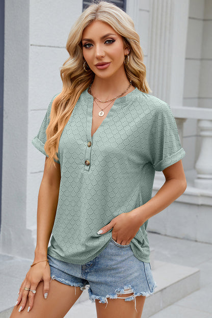 Eyelet Notched Short Sleeve T-Shirt-Angel Casuals