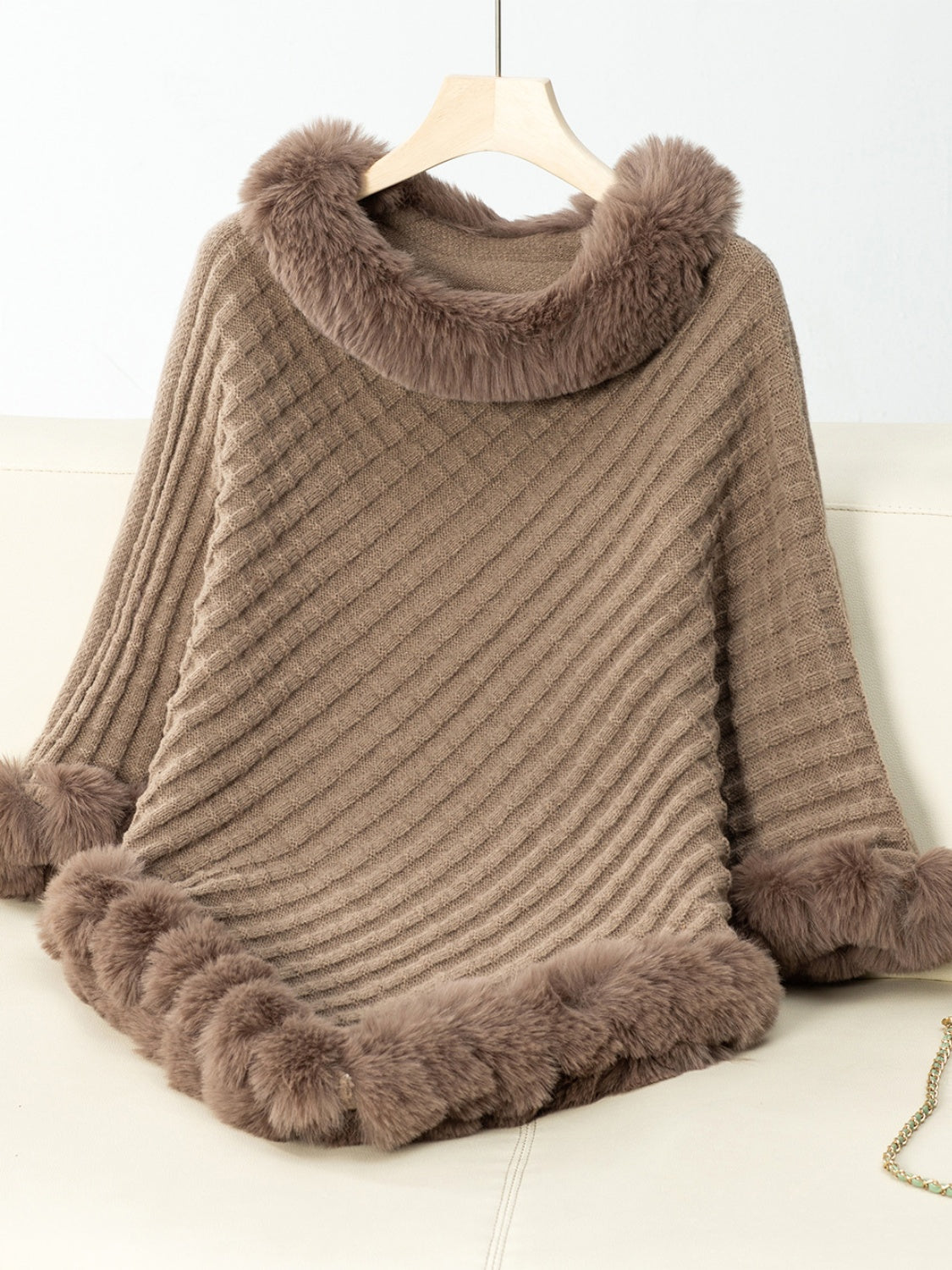 Fuzzy Trim Texture Three-Quarter Sleeve Poncho-Angel Casuals
