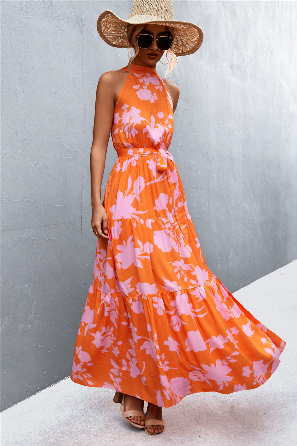 Printed Sleeveless Tie Waist Maxi Dress-Angel Casuals