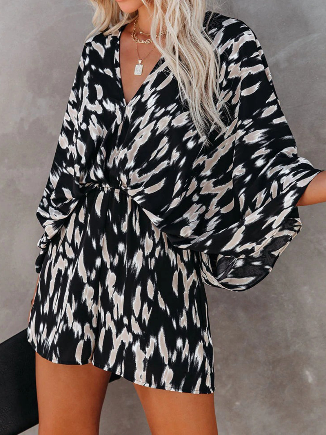 Tied Printed Kimono Sleeve Romper-Angel Casuals