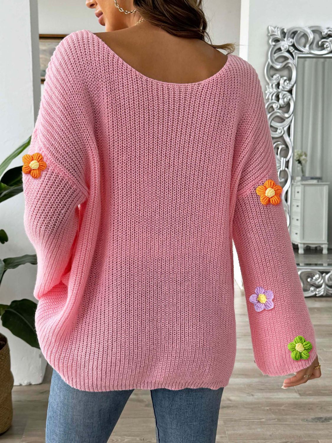 Flower Round Neck Long Sleeve Sweater-Angel Casuals