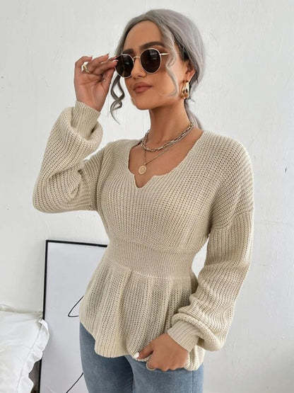 Notched Dropped Shoulder Knit Top-Angel Casuals