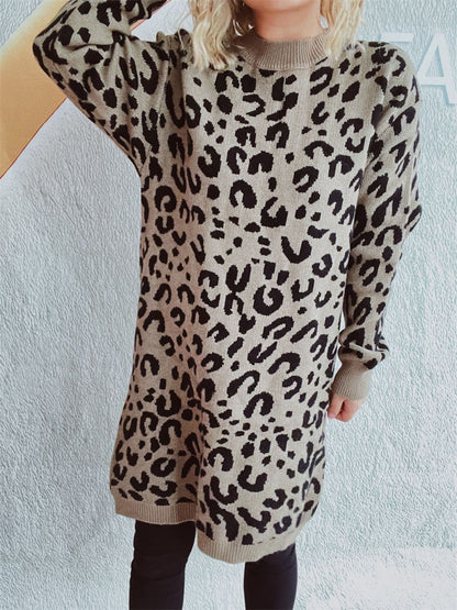 Leopard Round Neck Long Sleeve Sweater-Angel Casuals