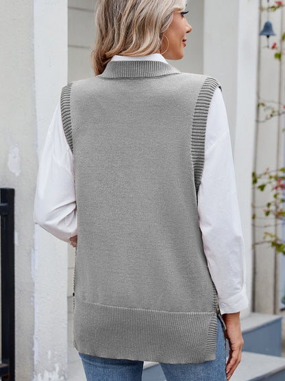 Buttoned Round Neck Sweater Vest-Angel Casuals