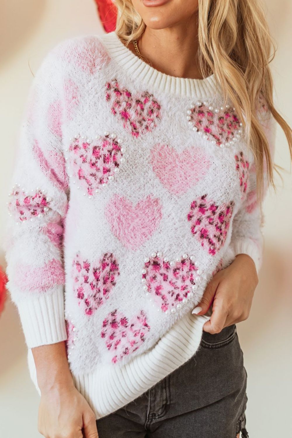 Pearl Detail Heart Round Neck Sweater-Angel Casuals