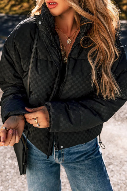 Checkered Turtleneck Zip Up Long Sleeve Winter Coat-Angel Casuals