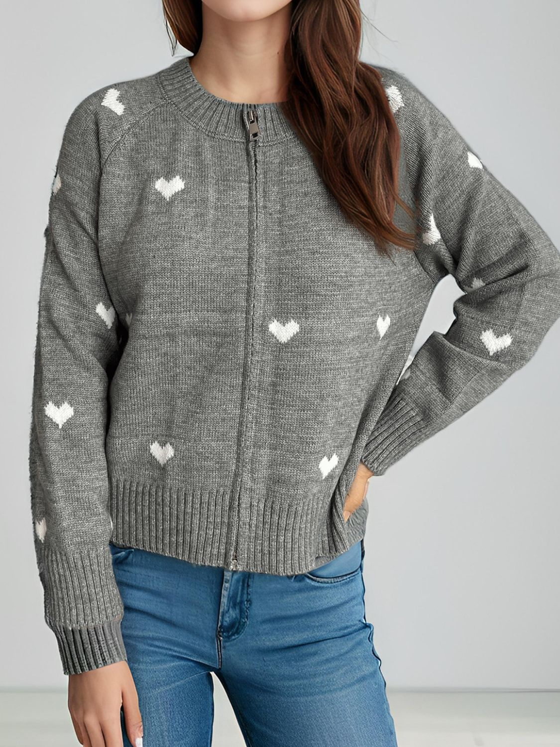Heart Round Neck Zip Up Cardigan-Angel Casuals