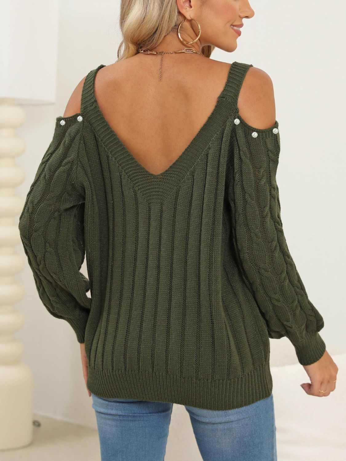 Cable-Knit Cold Shoulder Sweater-Angel Casuals