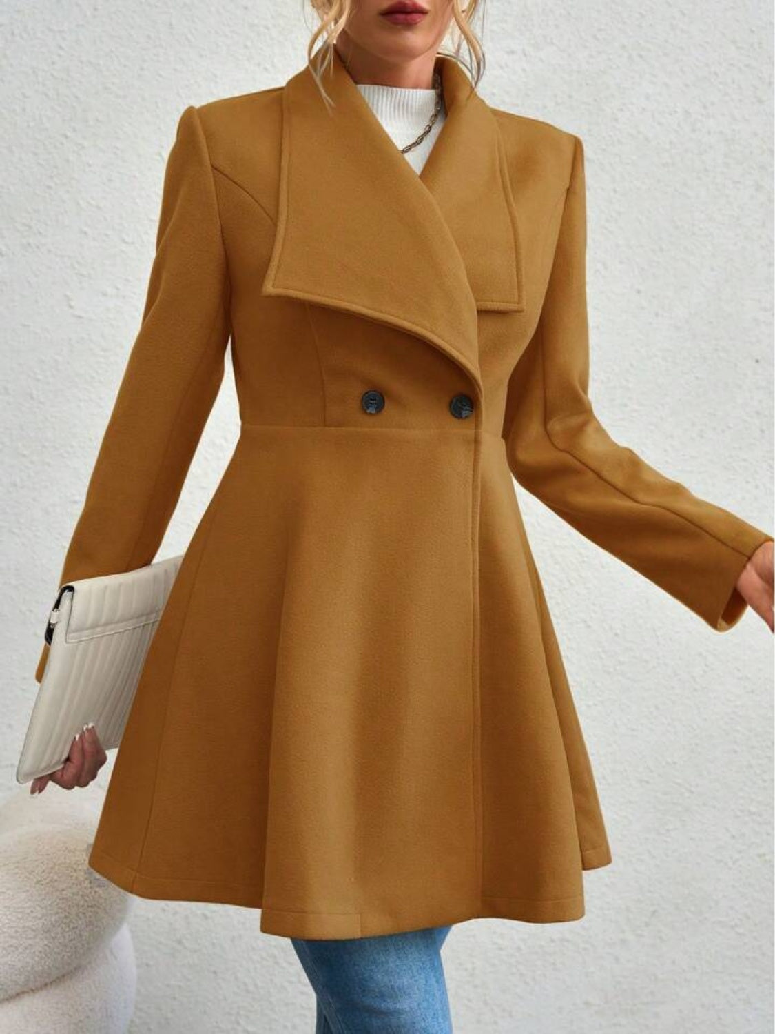 Collared Neck Button Up Long Sleeve Coat-Angel Casuals