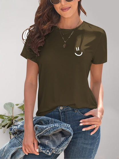 Smile Graphic Round Neck Short Sleeve T-Shirt-Angel Casuals