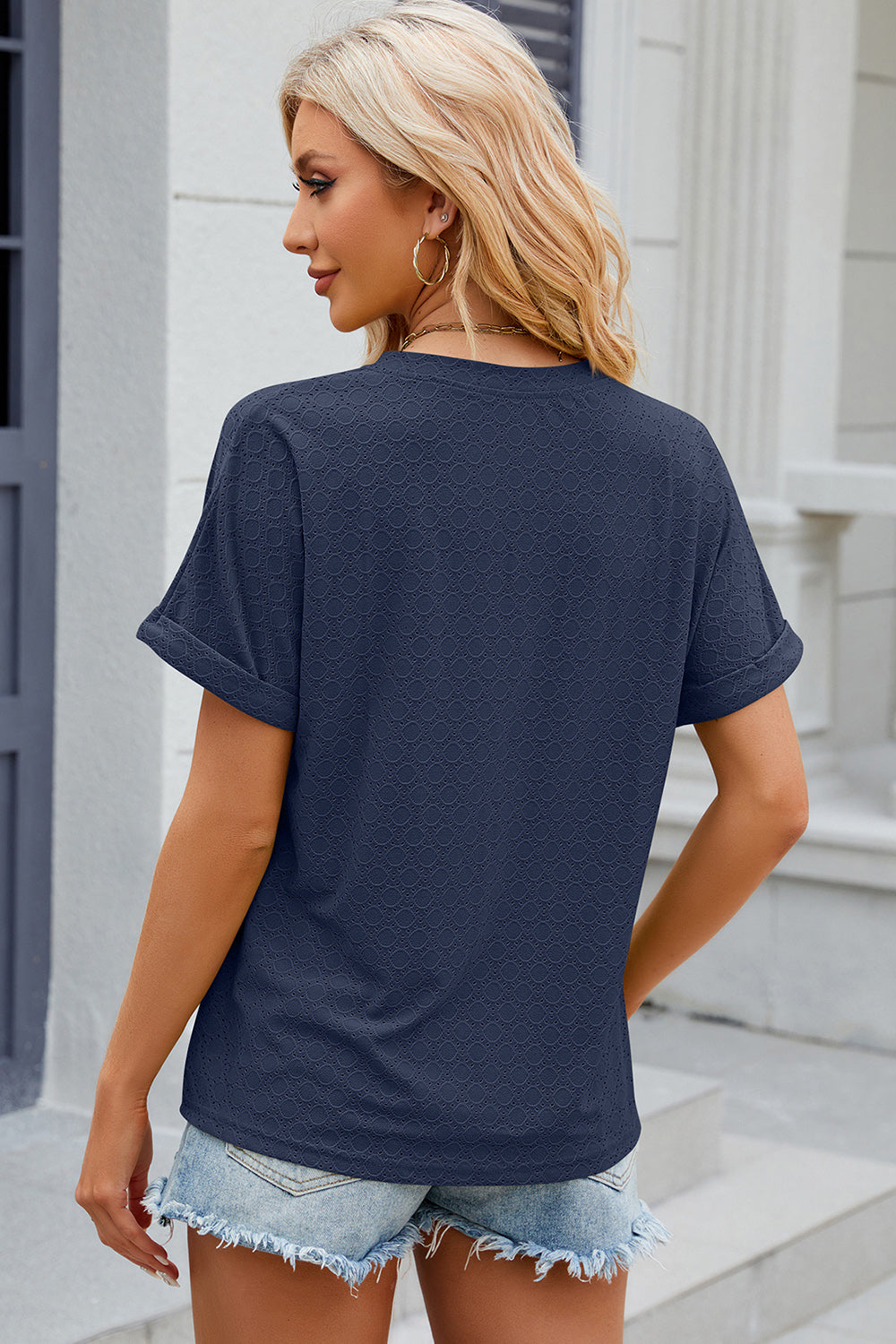Eyelet Notched Short Sleeve T-Shirt-Angel Casuals