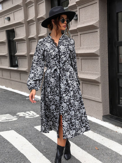 Lace Detail Printed Long Sleeve Midi Dress-Angel Casuals