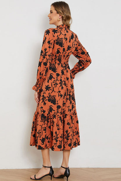 Floral Smocked Long Flounce Sleeve Dress-Angel Casuals