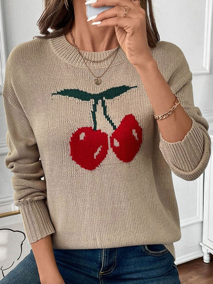 Perfee Cherry Round Neck Long Sleeve Sweater-Angel Casuals