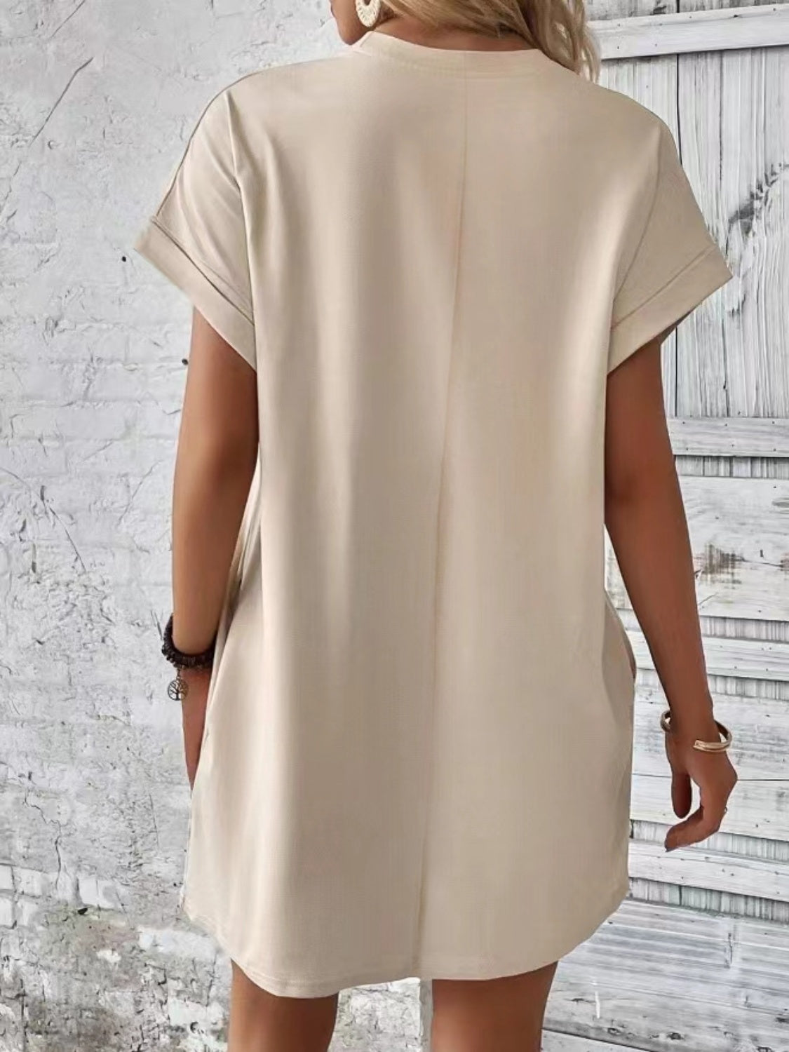 Pocketed Round Neck Short Sleeve Dress-Angel Casuals