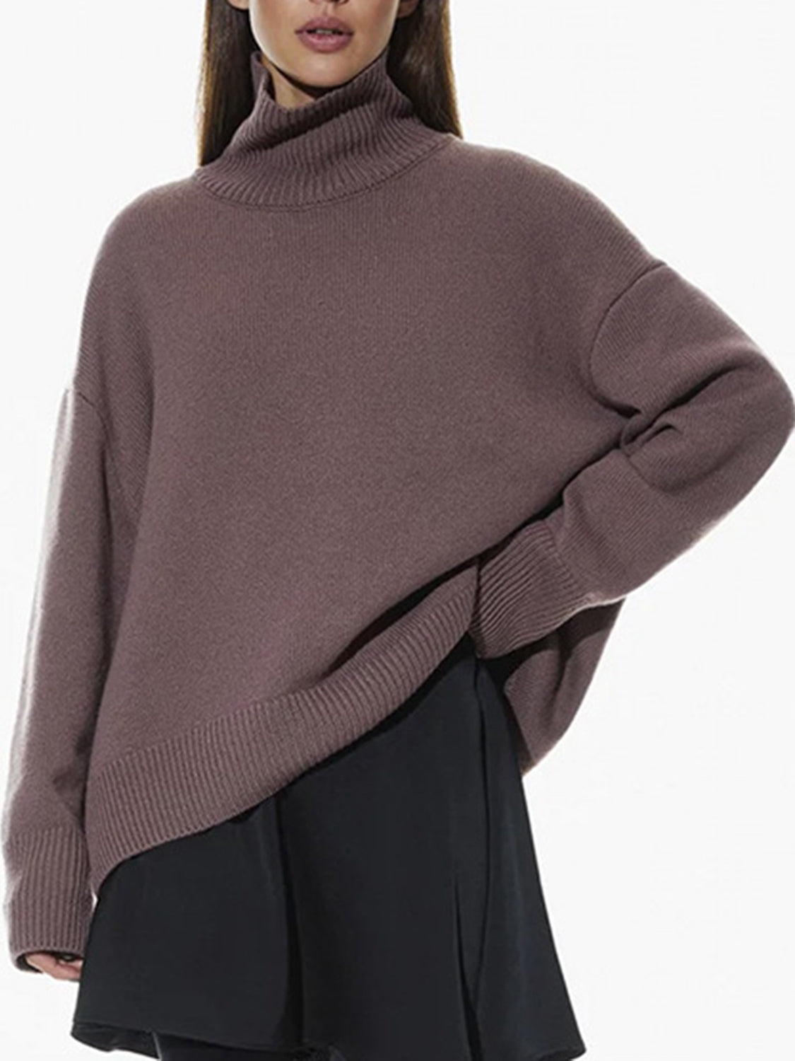 Ribbed Detail Turtleneck Dropped Shoulder Sweater-Angel Casuals