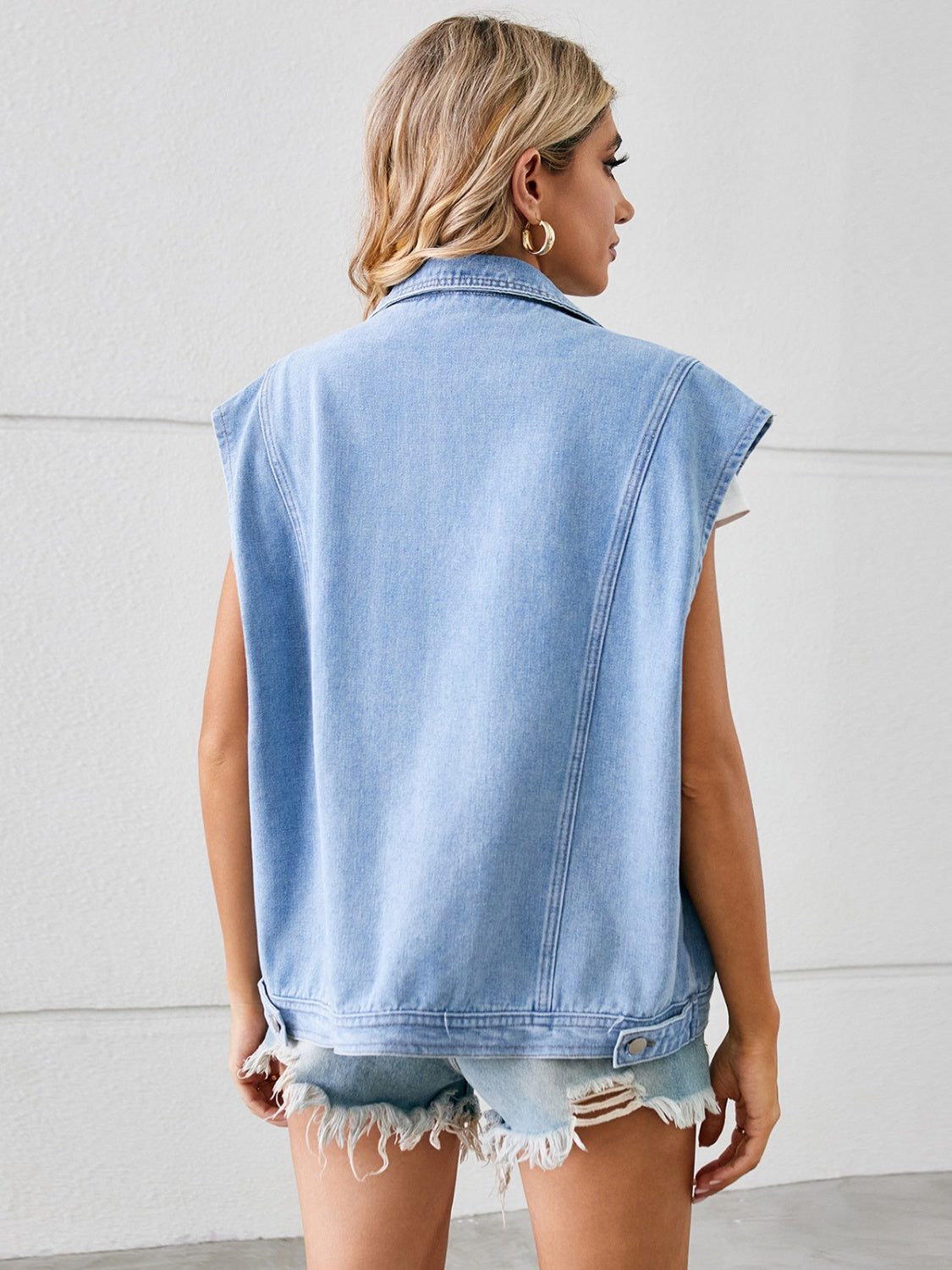 Pocketed Button Up Sleeveless Denim Jacket-Angel Casuals
