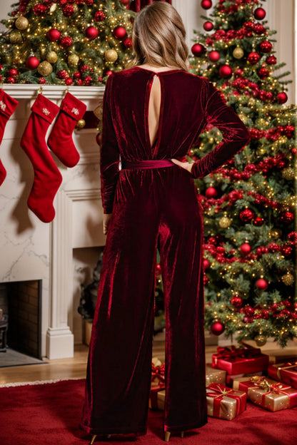 Tie Waist Long Sleeve Wide Leg Jumpsuit-Angel Casuals