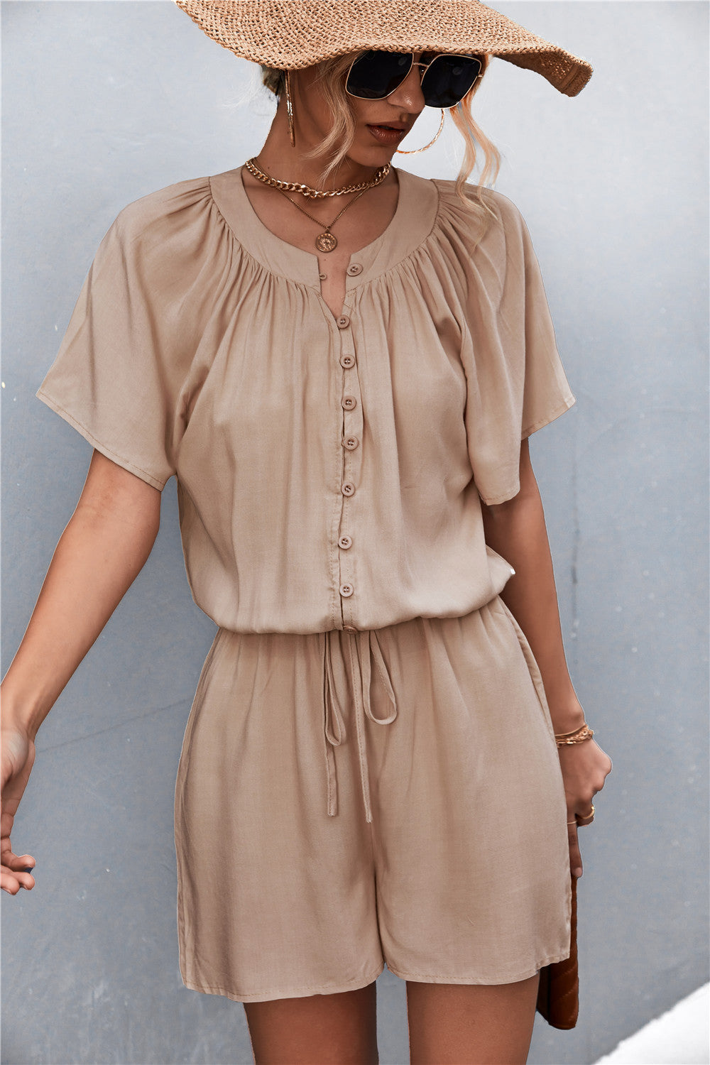 Buttoned Gather Detail Romper-Angel Casuals