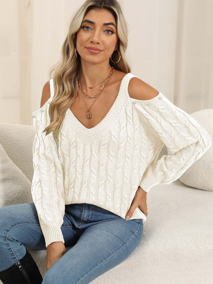 Cable-Knit Cold Shoulder Sweater-Angel Casuals