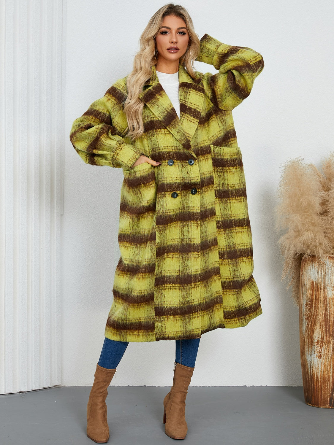 Contrast Double-Breasted Long Sleeve Longline Coat-Angel Casuals