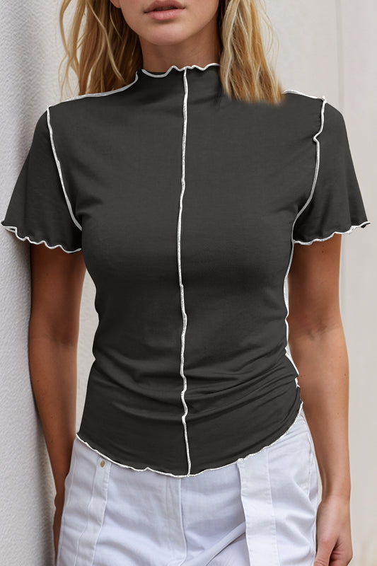 Basic Bae Contrast Trim Mock Neck Short Sleeve T-Shirt-Angel Casuals