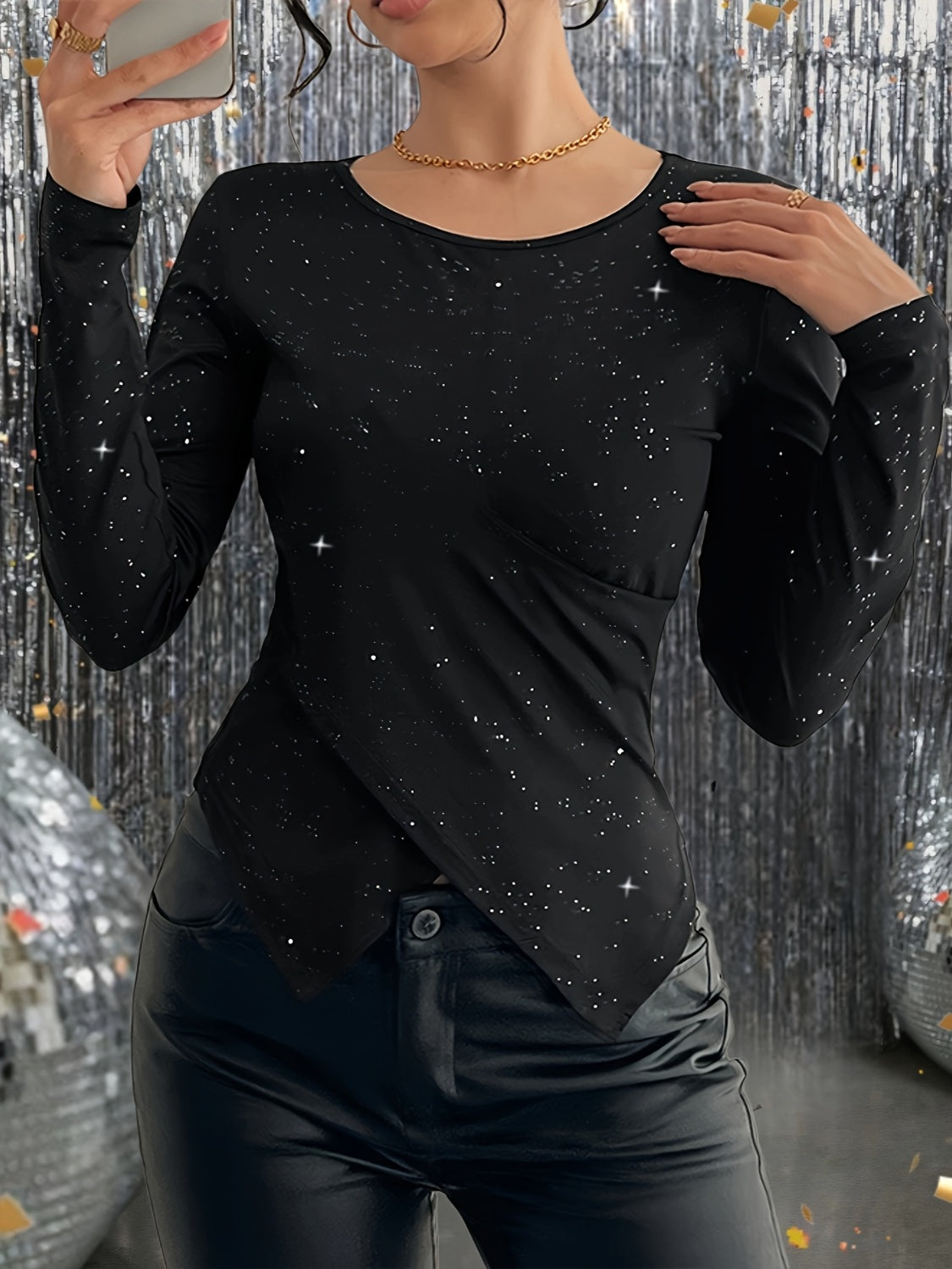 Glitter Round Neck Long Sleeve T-Shirt-Angel Casuals