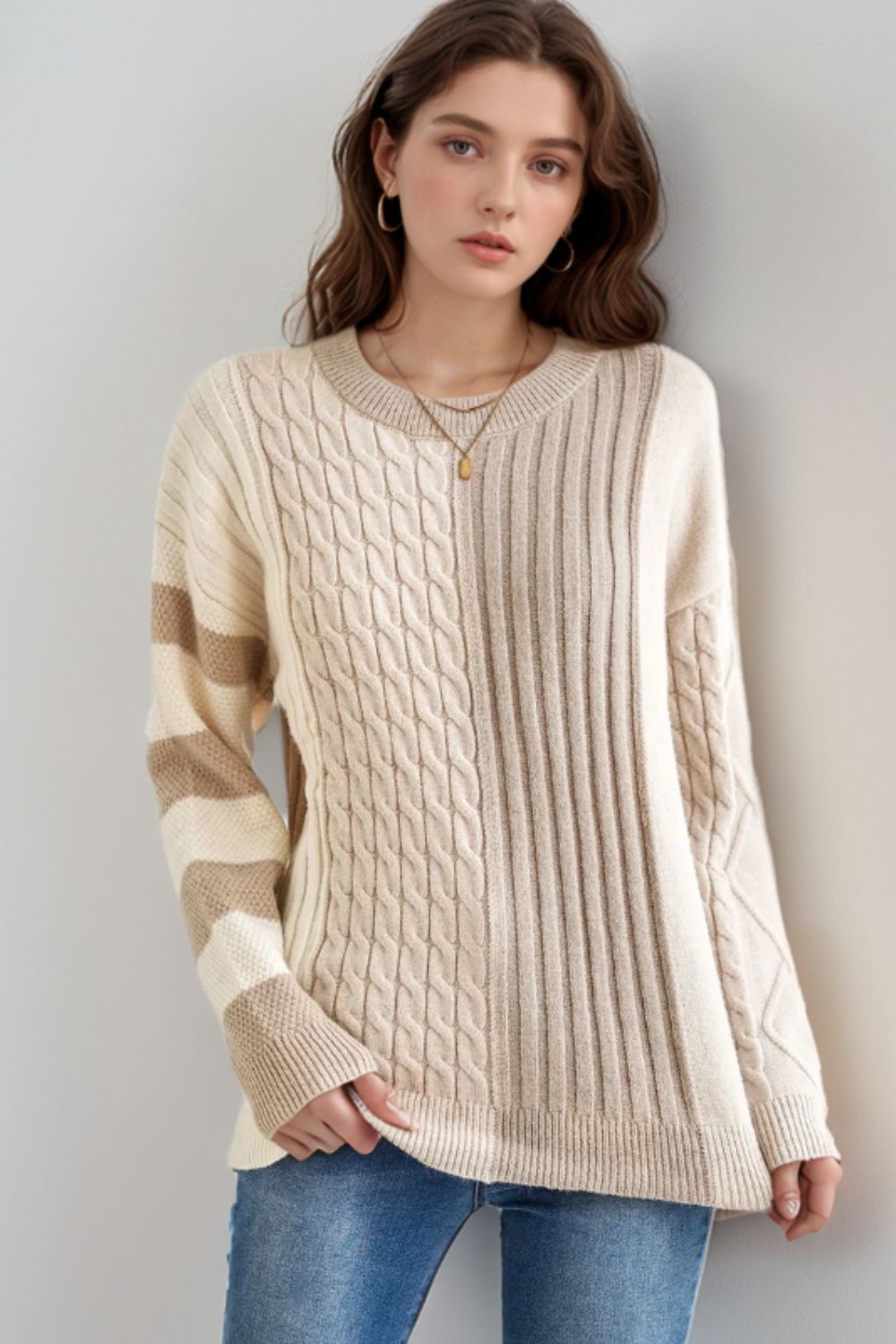 Cable-Knit Color Block Round Neck Sweater-Angel Casuals